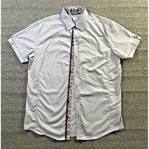 Alex Vando Mens‎ Grey Short Sleeve Button Down Shirt Paisley Trim Stretch Large